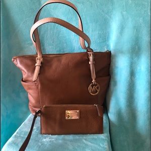 Michael Kors camel pebble leather tote and matching wristlet